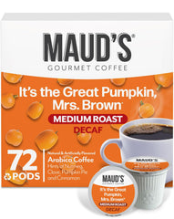 Maud’s front packaging showing 72-count pods and pumpkin spice flavor benefit clarity