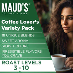 MAUD'S assortment of pods spread on counter showing 16 flavors for sampling