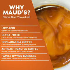 MAUD'S brewed coffee cup with spice aroma visible, inviting warm seasonal flavor