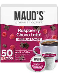 MAUD'S front packaging of raspberry chocolate pods highlighting flavor and count