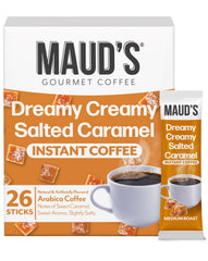 Maud's box front view showing salted caramel packets and benefits