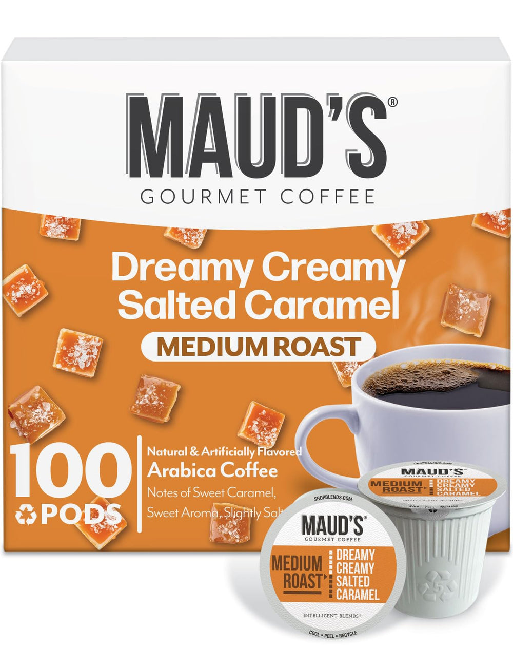 Maud's front packaging showing 100-count box and benefit of convenient supply