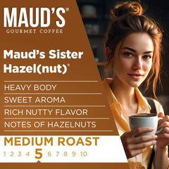 MAUD'S brewed cup of hazelnut coffee showing crema and aroma for an enjoyable sip