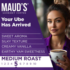 Maud's brewed cup top view with crema highlighting smooth ube-vanilla flavor