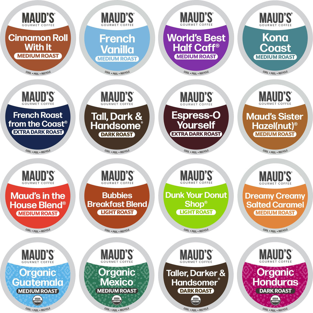 MAUD'S front box of 40-count variety pack showing flavor names and packaging benefits