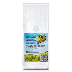 Maui Coffee Co label close-up highlighting vanilla macadamia flavor and origin details