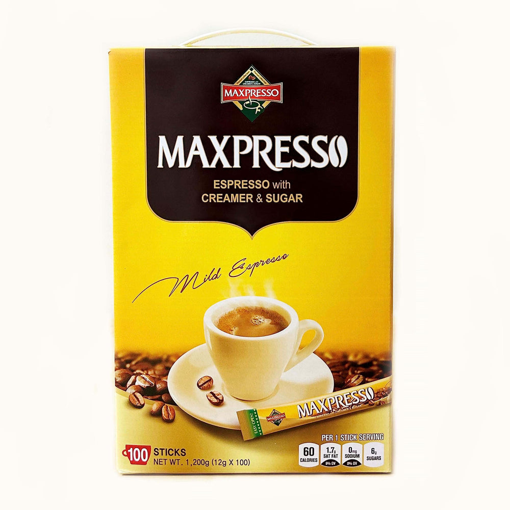 Maxpresso front packaging showing 100-stick box and benefits