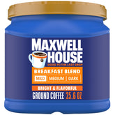 MAXWELL HOUSE front canister showcasing brand and breakfast blend for everyday brewing