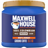 MAXWELL HOUSE canister front view showing label and size, highlights convenience