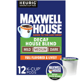 Maxwell House decaf box front showing branding and count, highlights convenience