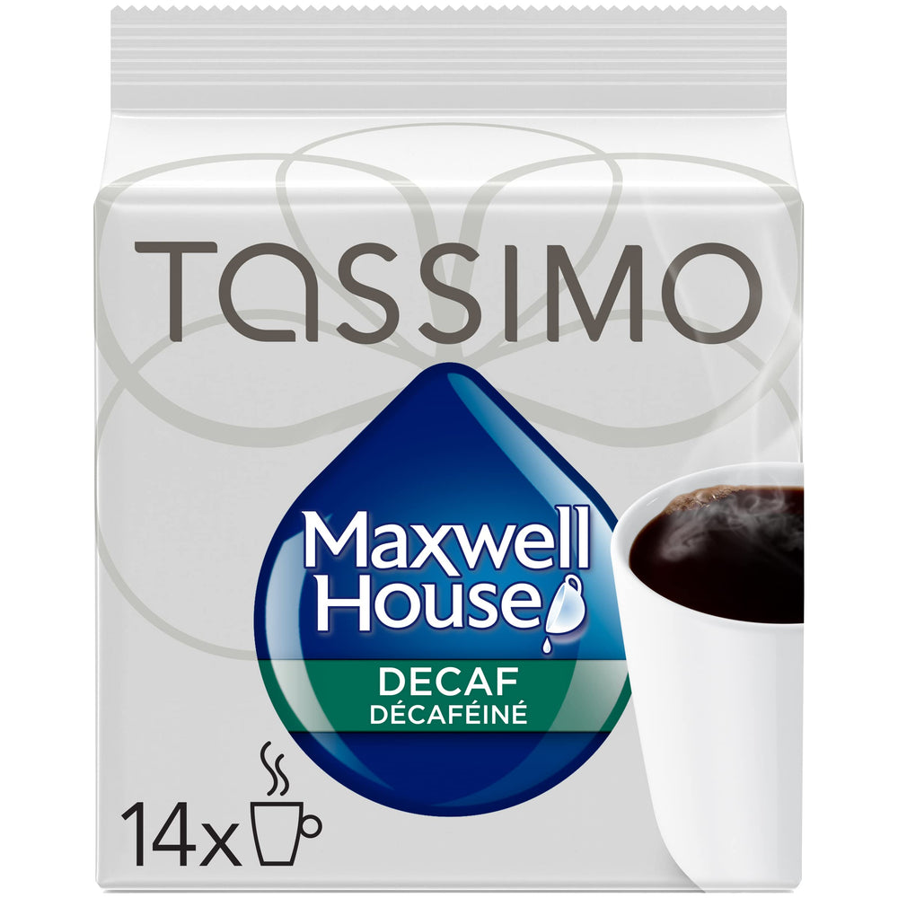 Maxwell House front packaging showing 14-count decaf T-Discs and convenience