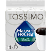 Maxwell House front packaging showing 14-count decaf T-Discs and convenience
