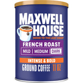 MAXWELL HOUSE front canister showing French Roast label and resealable lid keeps coffee fresh