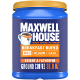 Maxwell House front canister showing label and size for convenient long-term supply
