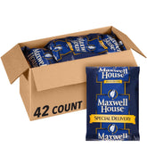 Maxwell House front packaging showing brand and packet count, easy stocking benefit