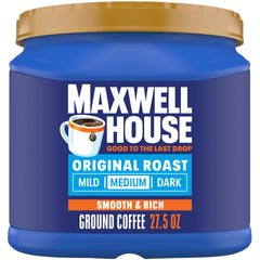 Maxwell House canister front view showing label and size, convenience preserved