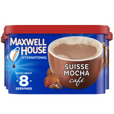 MAXWELL HOUSE front canister showing Suisse Mocha branding and convenient resealable lid