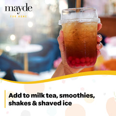 Mayde close-up of mango popping boba pearls showing gel membrane and natural juice for sweet bursts