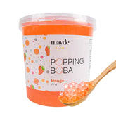 Mayde mango popping boba front packaging shows tub and product benefits