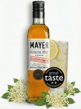Mayer elderflower syrup front bottle shows elegant label and glass bottle benefit visual appeal