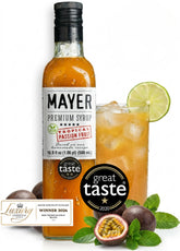 Mayer bottle front view showing premium passion fruit syrup for cocktails