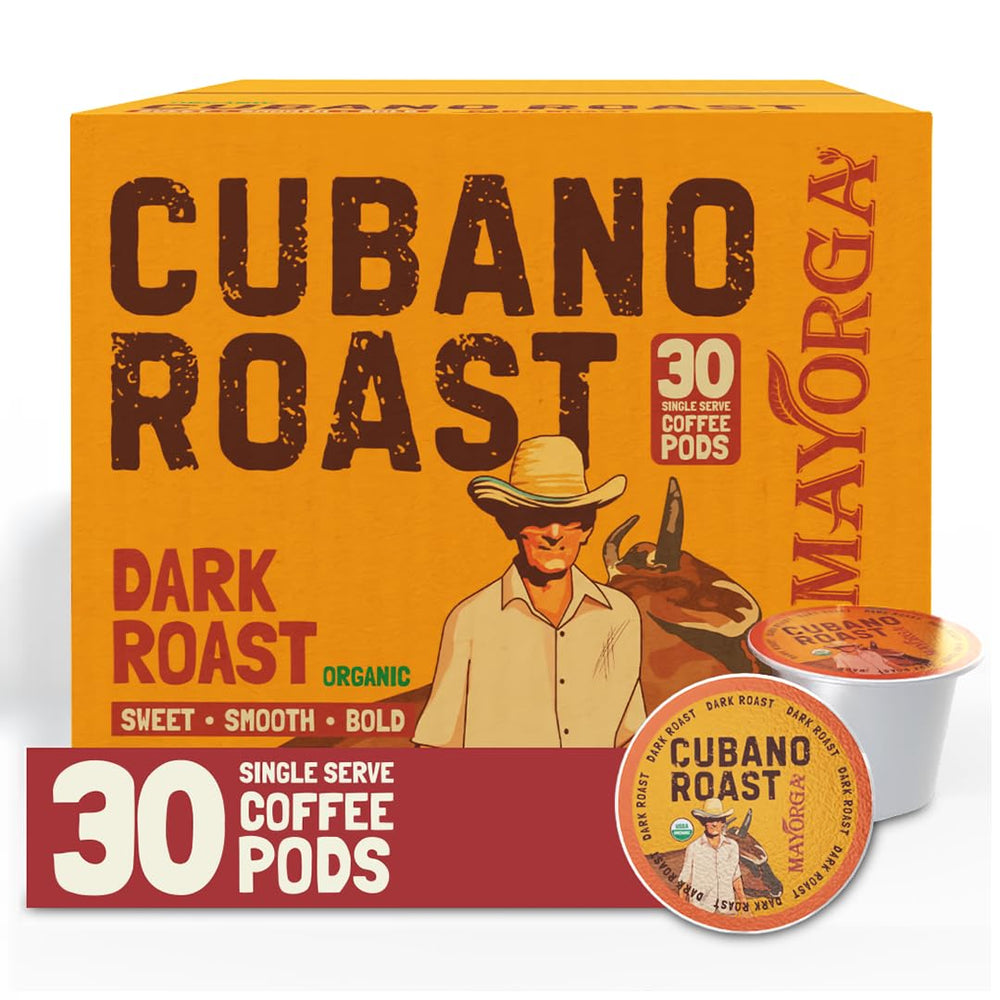 Mayorga front packaging showing Cubano dark roast and organic seal benefits