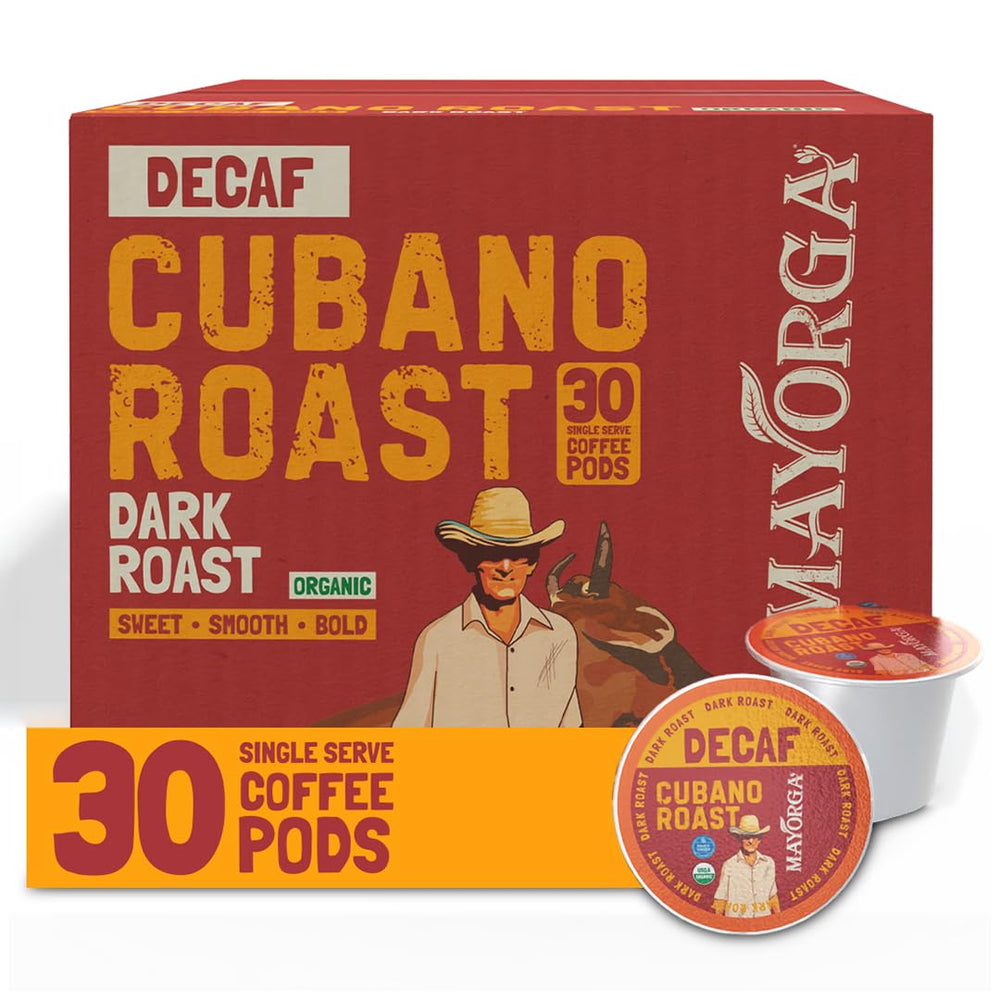 Mayorga front packaging of Decaf Cubano K-Cup pods showing organic seal and 30-count benefit