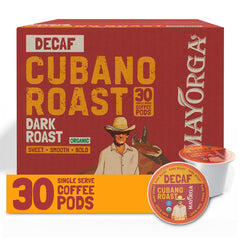 Mayorga front packaging of Decaf Cubano K-Cup pods showing organic seal and 30-count benefit