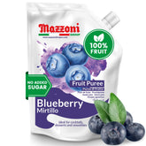 Mazzoni front packaging of 2.2 lb blueberry puree showing brand and pouch for convenience