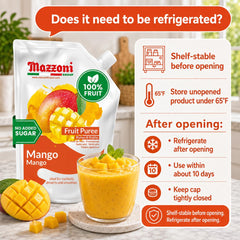 Pouring Mazzoni mango puree into a glass, shows smooth pour and vibrant color