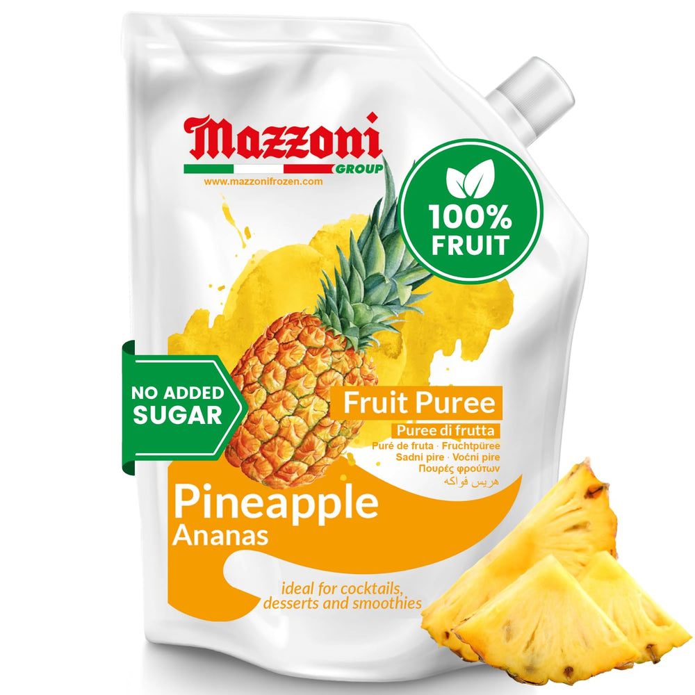 Mazzoni pineapple puree front pouch shows branding and pouch design benefit convenience