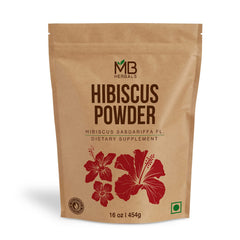 MB Herbals front packaging showing 16 oz hibiscus powder for convenient storage