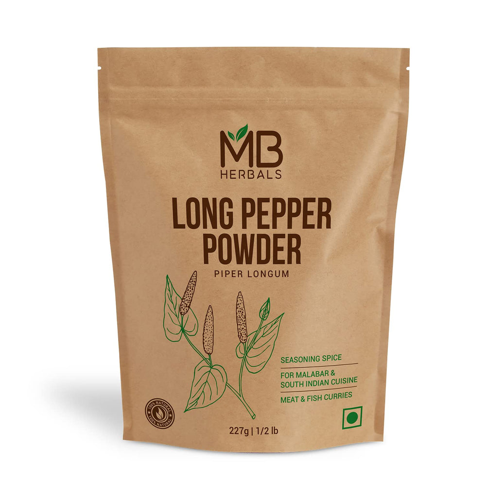 MB Herbals long pepper front packaging showing label and weight, highlights freshness