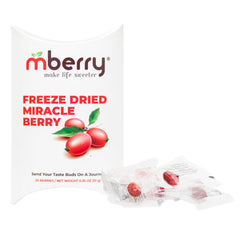 mberry front packaging showing 20 individually wrapped freeze-dried berries for easy sharing