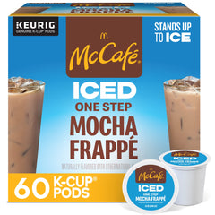 McCafé front packaging showing 60-count pods and brand, quick iced mocha convenience