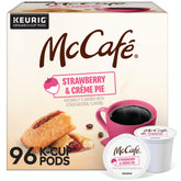 McCafé front packaging showing strawberry crème pie flavor and 96-count convenience