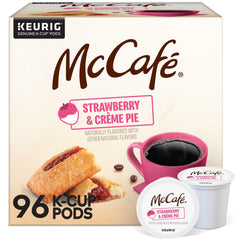 McCafé front packaging showing strawberry crème pie flavor and 96-count convenience