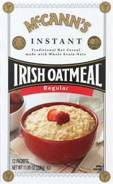 McCann's Irish Oatmeal front packaging showing product identity and convenience