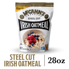 McCann's open bag top view displaying fresh steel cut oats for convenience