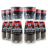 McCormick front view of six-pack glass grinders showing fresh peppercorns and visibility benefit