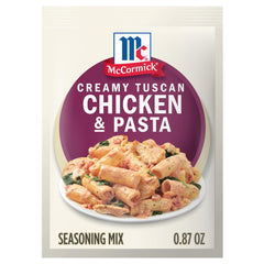 McCormick front packaging showing creamy tuscan chicken mix benefits quick dinners