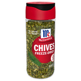 McCormick front packaging showing jar of freeze-dried chives and branding benefit: pantry-ready flavor