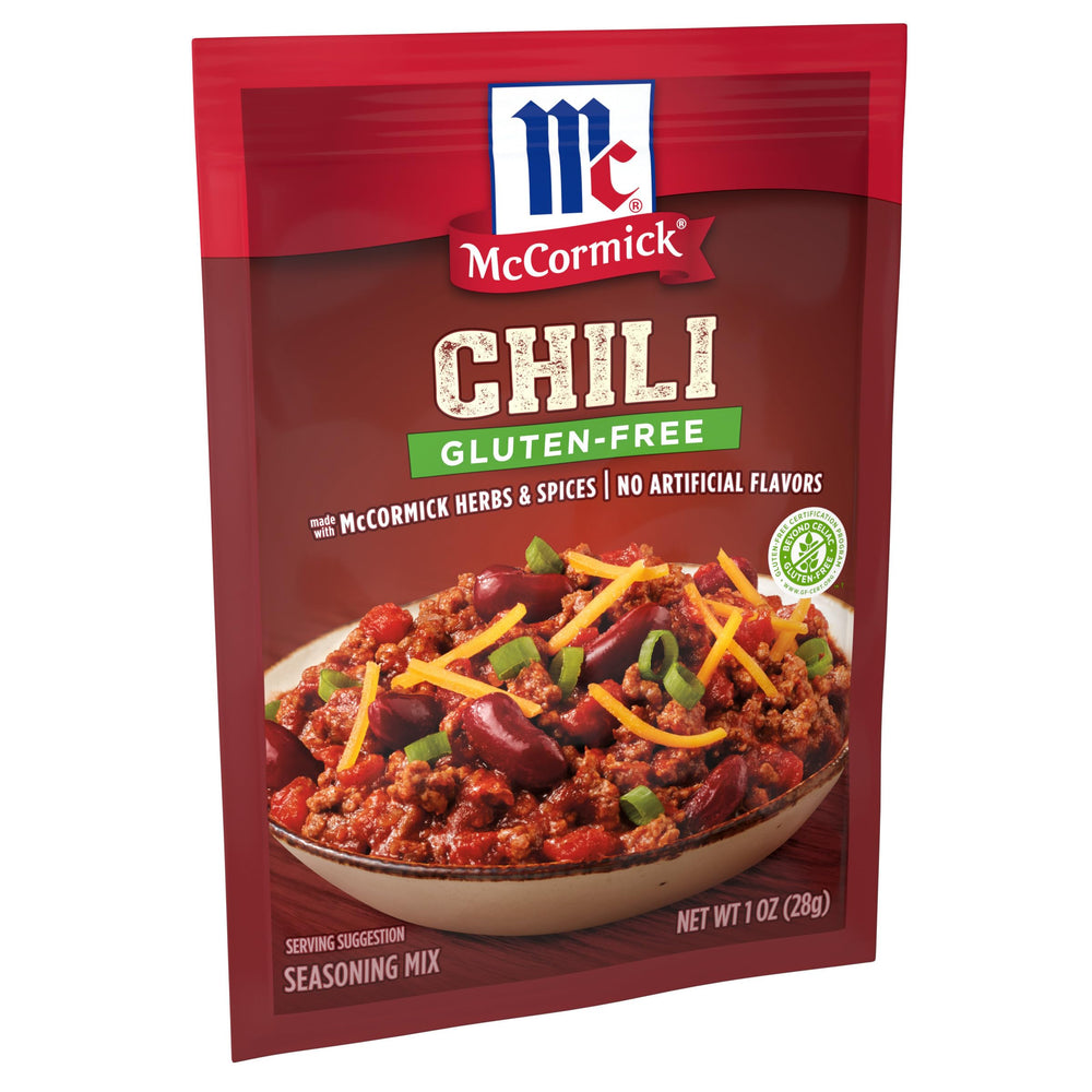 McCormick front packaging showing gluten-free chili seasoning and quick meal benefit
