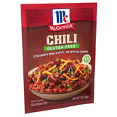 McCormick front packaging showing gluten-free chili seasoning and quick meal benefit