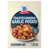 McCormick front packaging showing toasted onion and garlic potato seasoning, convenient and flavorful