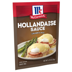 Close-up of McCormick Hollandaise packet texture and label for easy identification and pantry storage