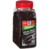 McCormick organic whole black peppercorns front packaging showing volume and brand