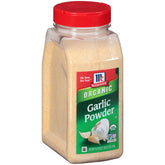McCormick bottle front view showing organic garlic powder for reliable seasoning