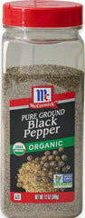 McCormick front label showing organic ground black pepper and clear jar benefit: easy identification