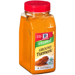 McCormick bottle front view showing organic ground turmeric for bright color
